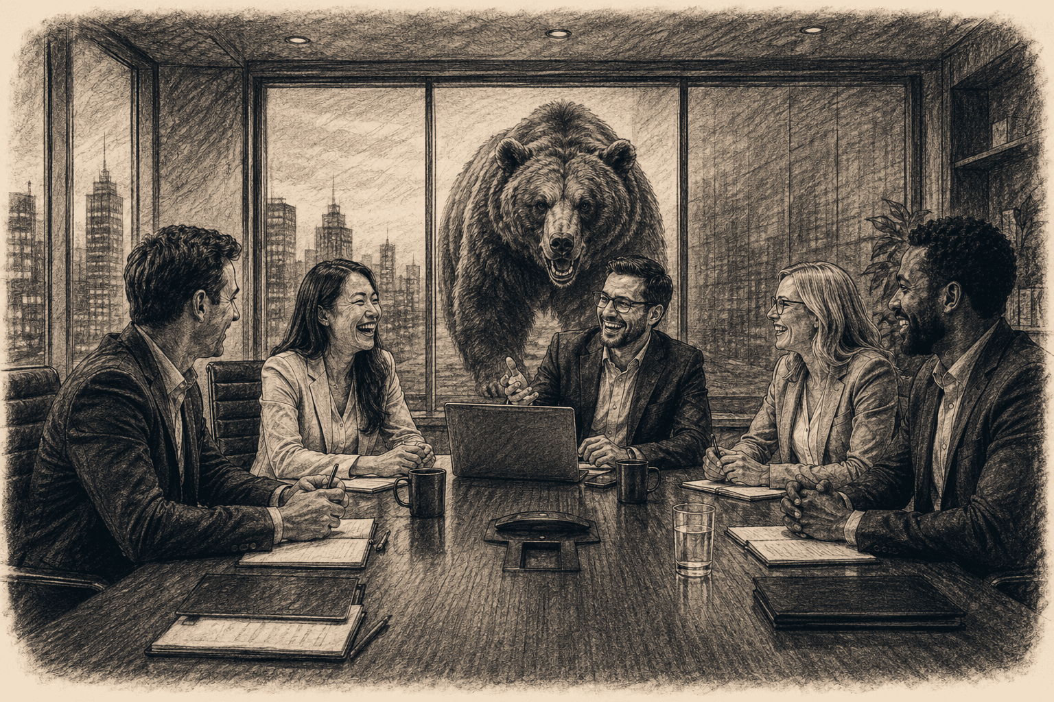 A bear looming over scattered financial reports