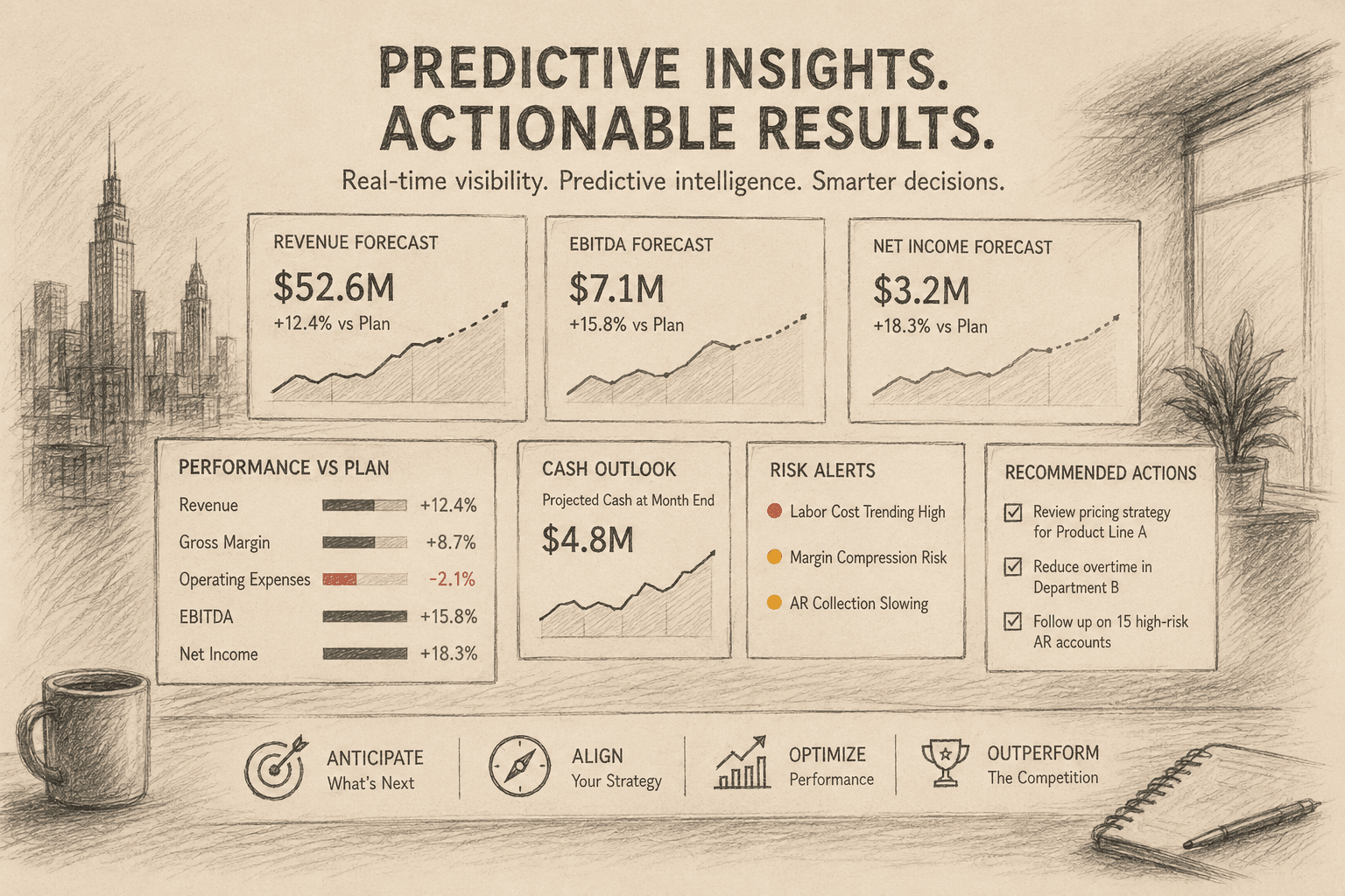 Predictive insights dashboard showing forecasts, risk alerts, and recommended actions